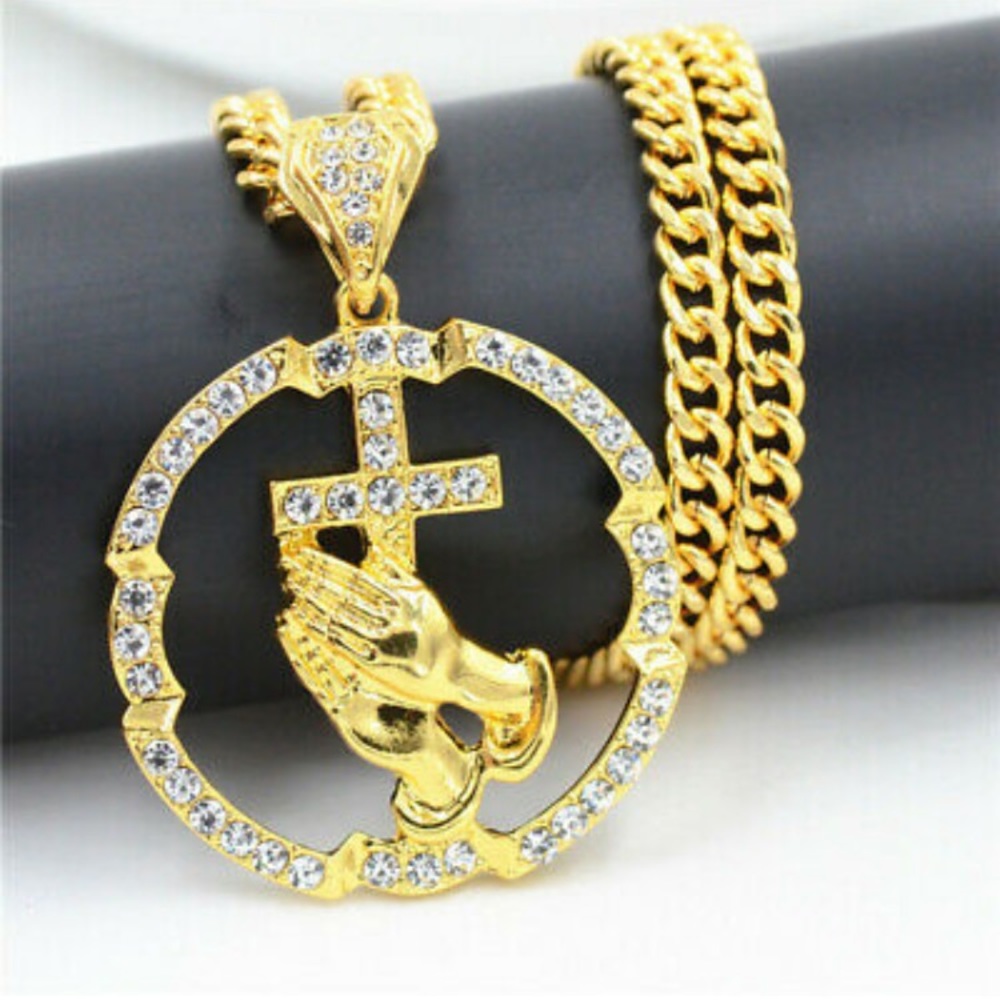Iced Out Prayer Cross Gold Pendant Necklace - Picture 4 of 5